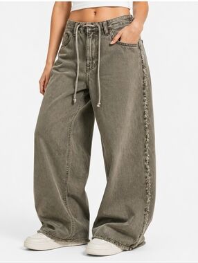 H&M Olive Wide Leg Pants Drawstring Waist Frayed Seam Relaxed Fit Y2K